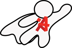 A superhero figure with a cape and the AMUSE "A" logo on its chest.